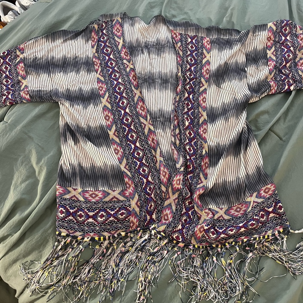 Umgee Multicolor Fringe Kimono Top OS Beach, Striped, Tassels, Boho